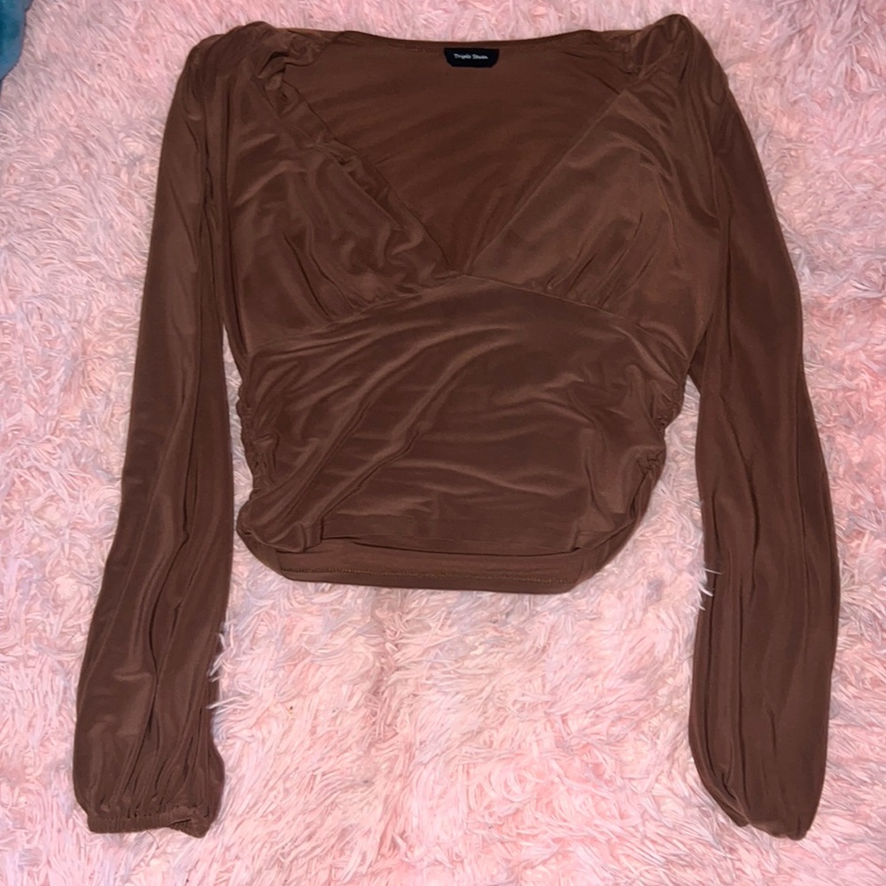 Brown, Long sleeve, V-neck crop top